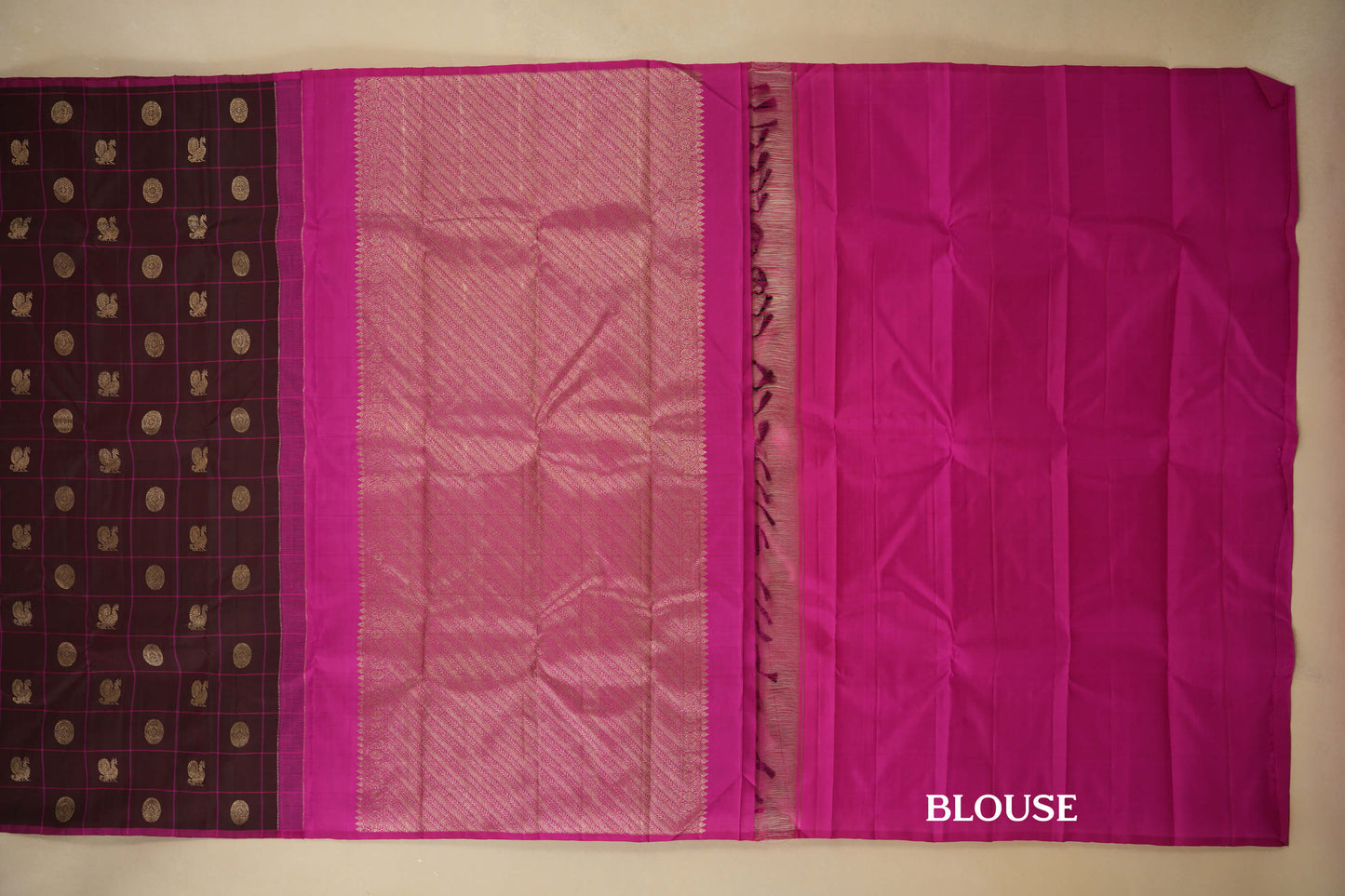 Coffee Brown Checks with Borderless Vintage Kanjivaram Silk Saree blouse