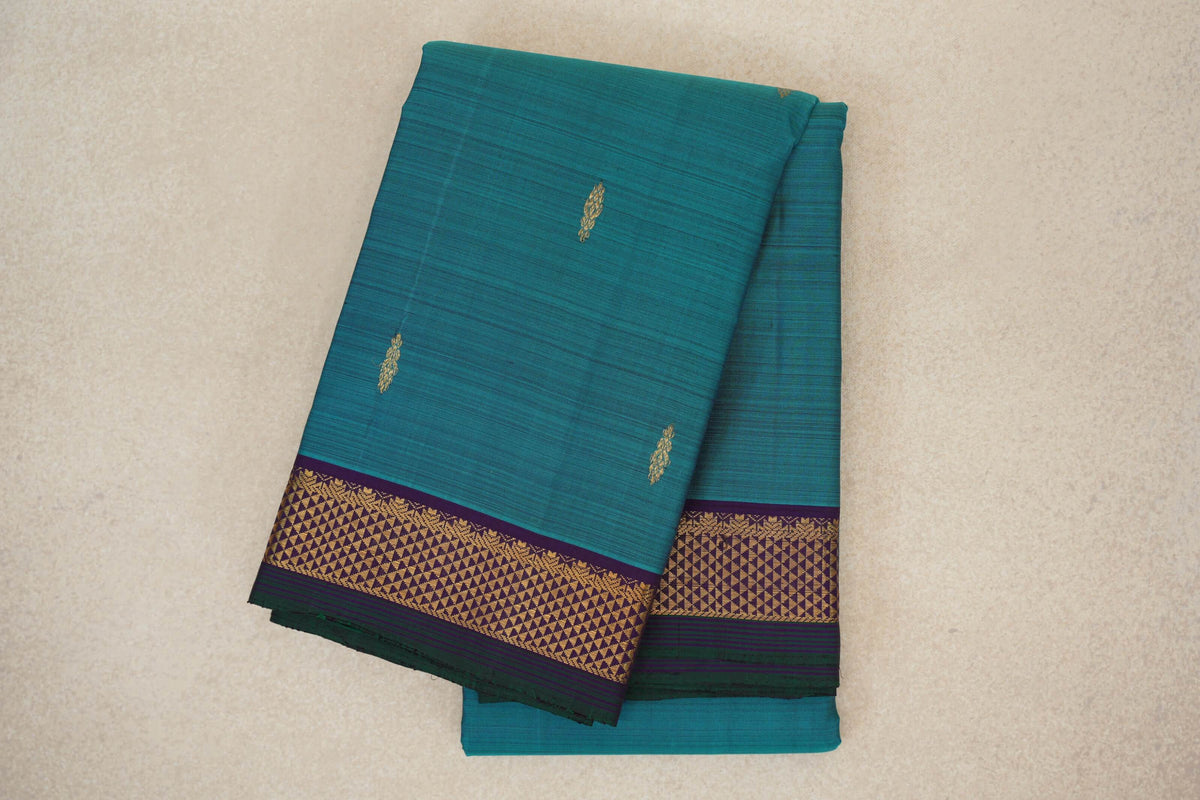 Folded Teal Blue vintage Kanjivaram Silk Saree
