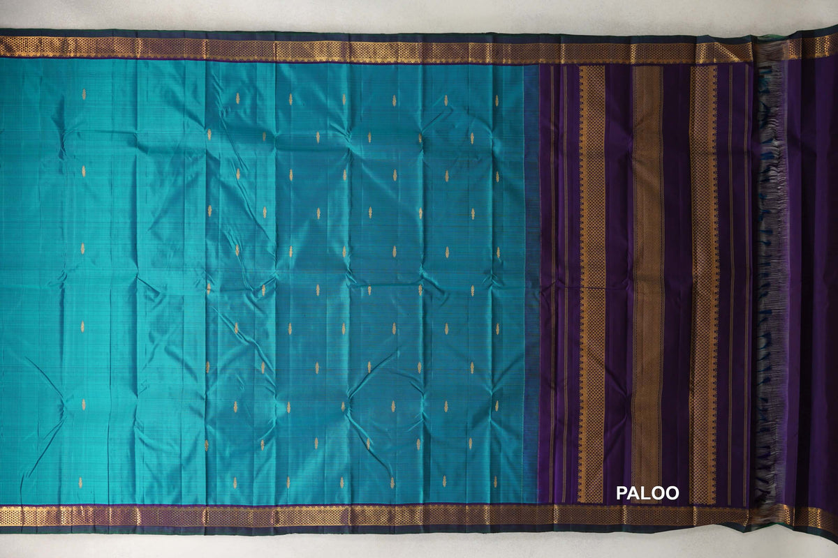 Teal Blue vintage Kanjivaram Silk Saree paloo
