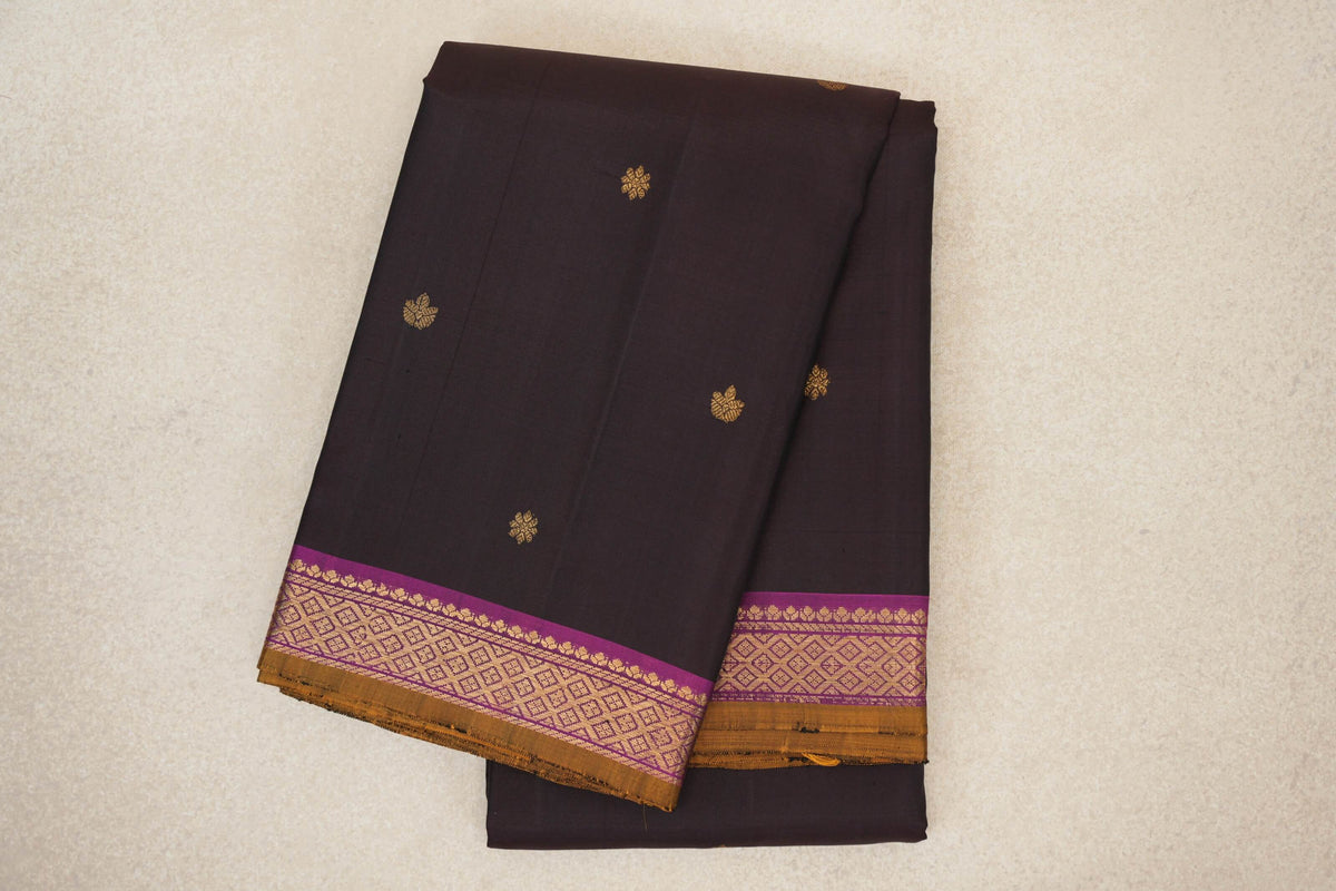 folded Deep Plum Brown vintage Kanjivaram Silk Saree
