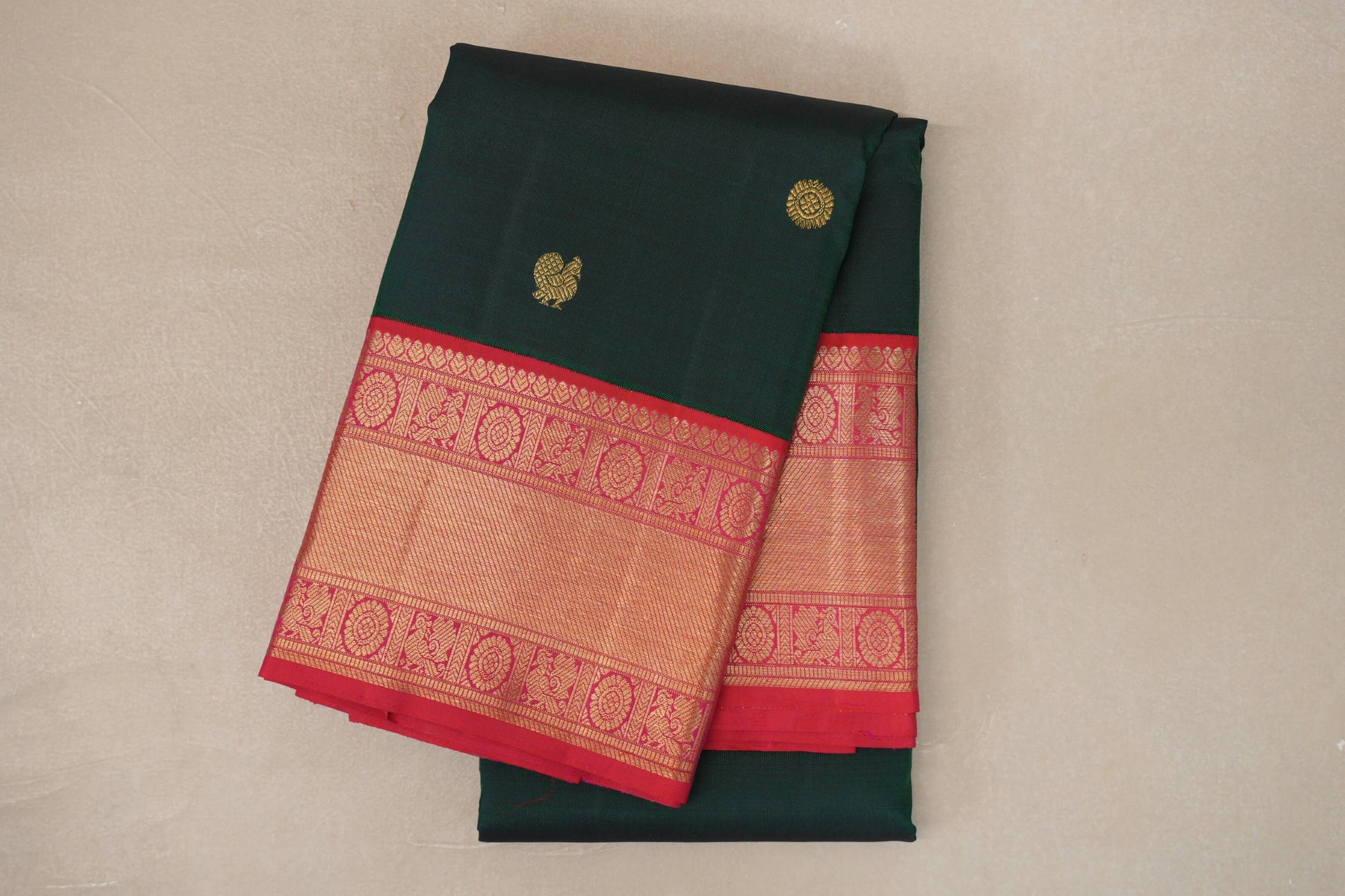 Bottle Green with Orangish Pink Borders Vintage Kanjivaram Silk Saree