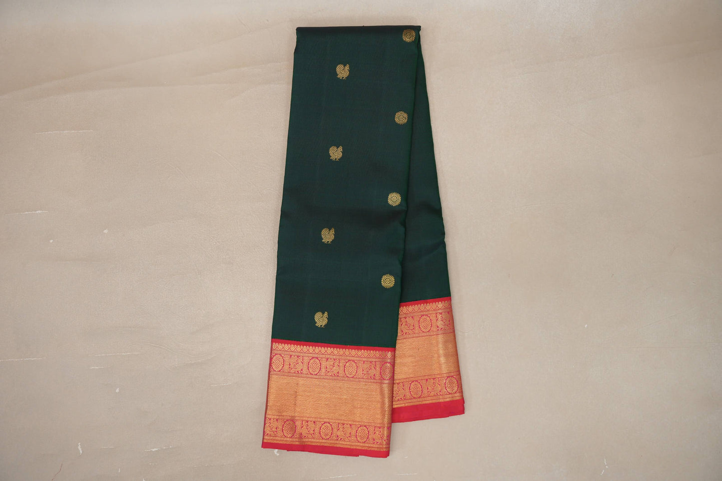 Online Bottle Green with Orangish Pink Borders Vintage Kanjivaram Silk Saree