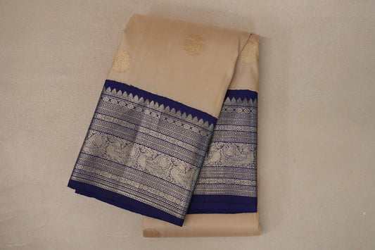 Cream Beige with Navy Blue Borders Vintage Kanjivaram Silk Saree