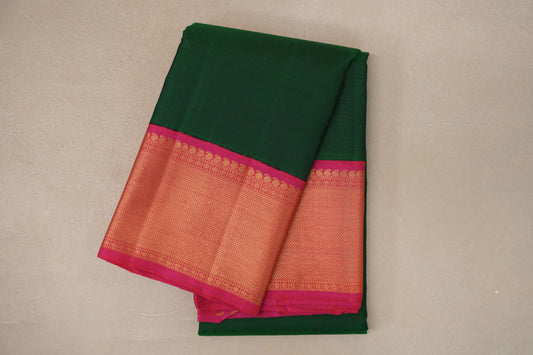 Dark Forest Green with Orangish Pink Borders Vintage Kanjivaram Silk Saree