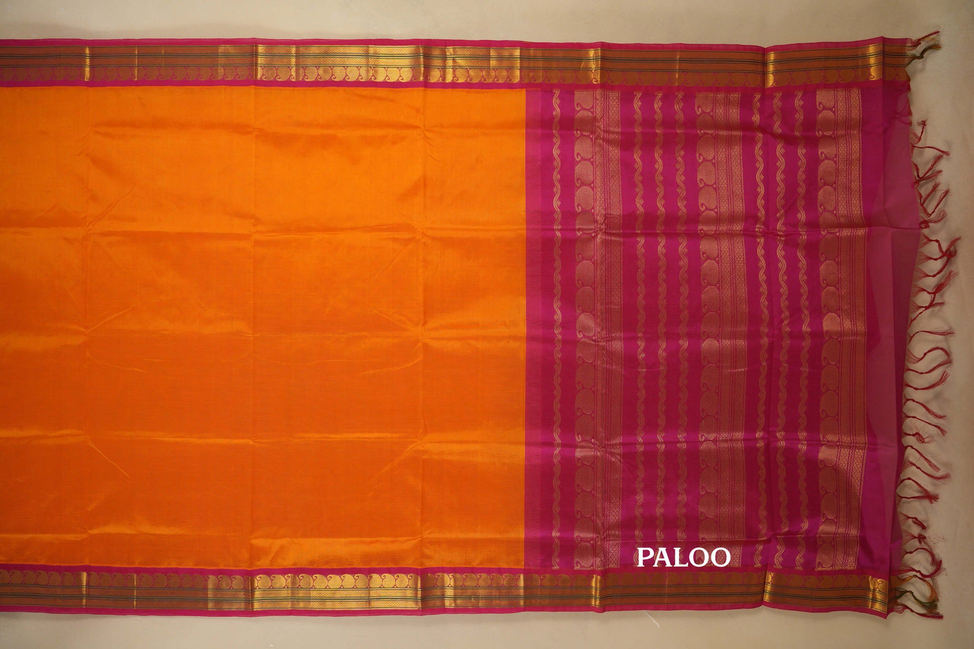 Orange with Pink Borders Silk Cotton Saree paloo