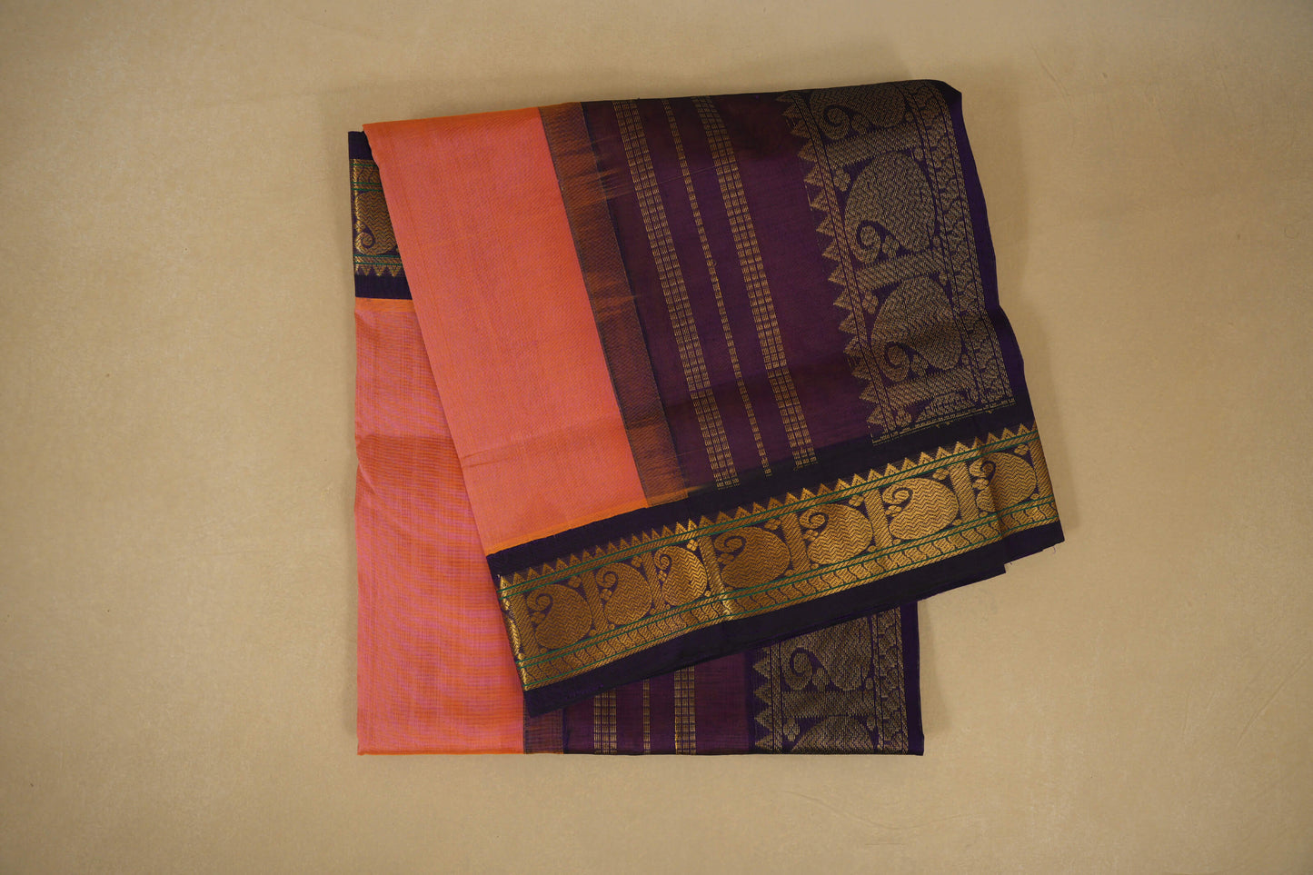 Mild Orange with Violet Borders Silk Cotton Saree