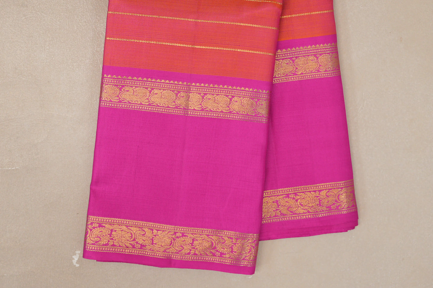 Dual Tone of Orange and Pink with Beldhari Vintage Kanjivaram Silk Saree rettai pettu borders