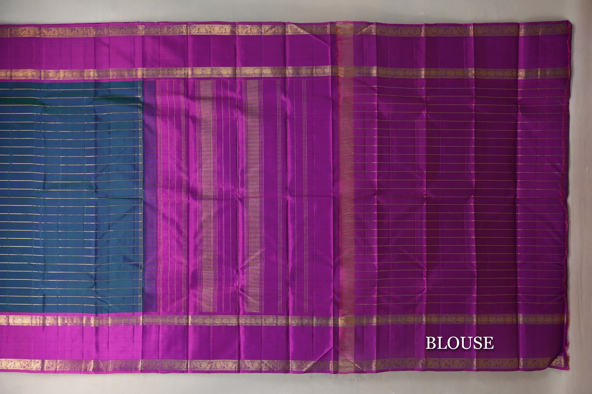 Dual Tone of Green and Violet with Beldhari Vintage Kanjivaram Silk Saree blouse