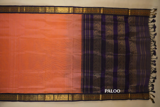 Mild Orange with Violet Borders Silk Cotton Saree paloo