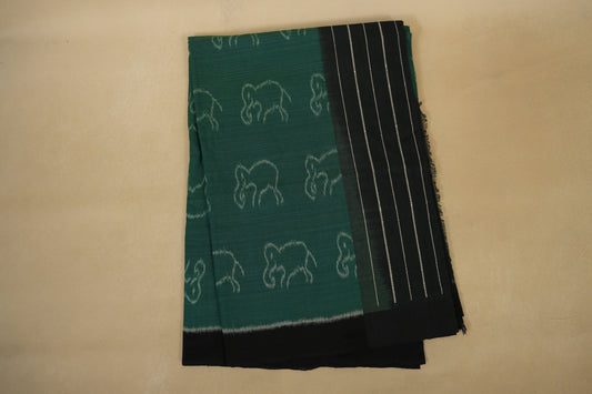 Folded Teal Green with Black Borders Ikat Cotton Saree