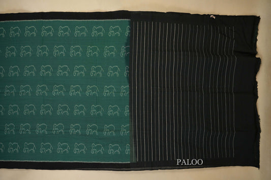 Teal Green with Black Borders Ikat Cotton Saree paloo