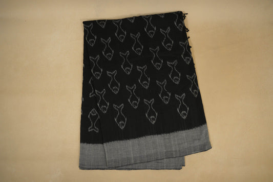 Folded Black with Grey Borders Ikat Cotton Saree