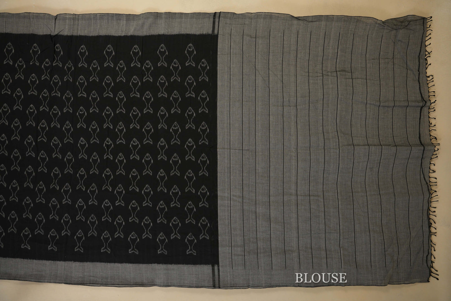 Black with Grey Borders Ikat Cotton Saree blouse