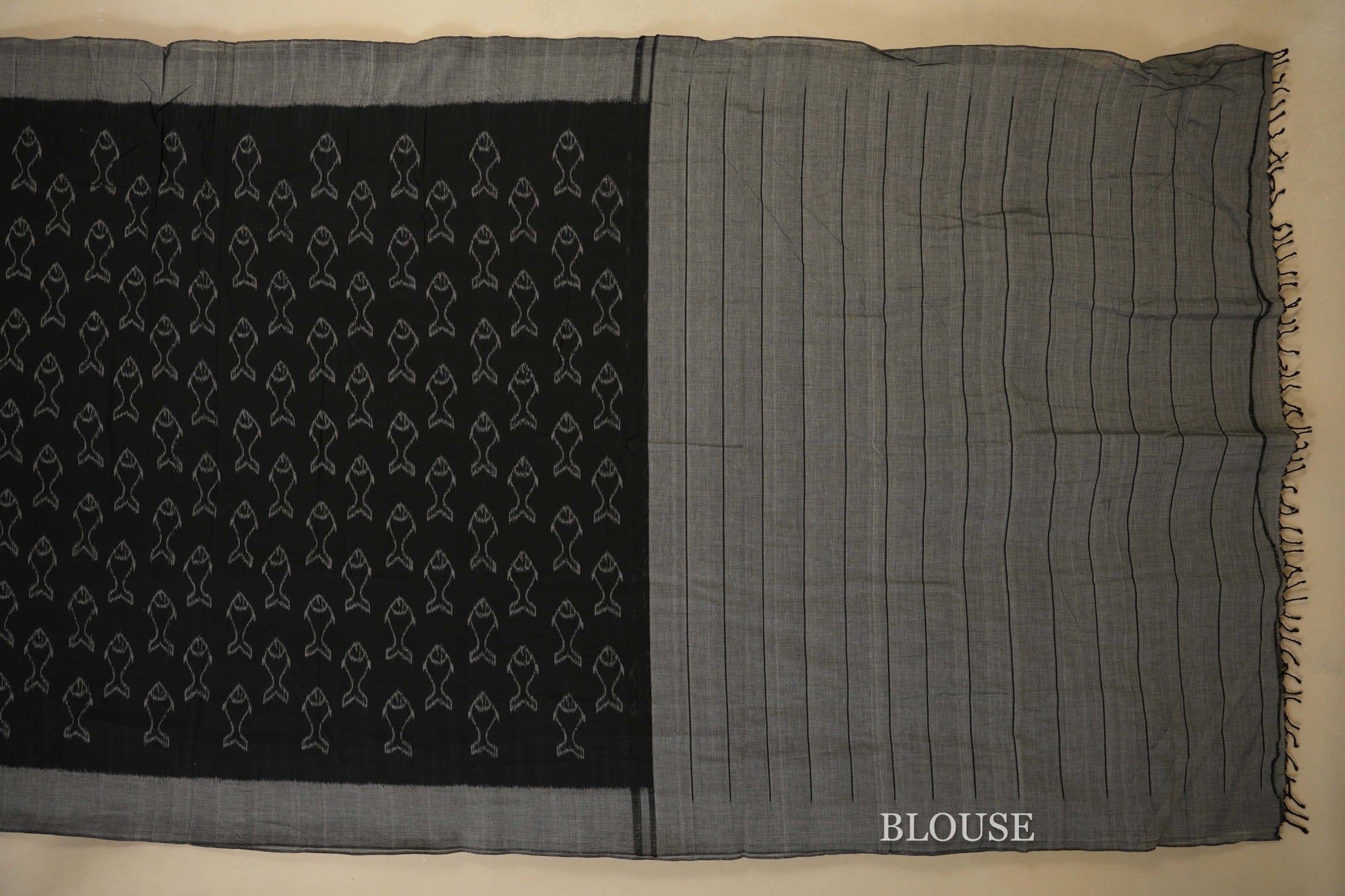 Black with Grey Borders Ikat Cotton Saree blouse