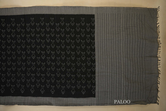 Black with Grey Borders Ikat Cotton Saree Paloo