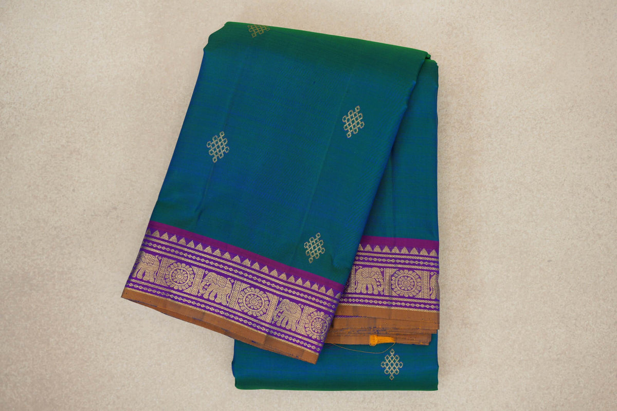 Peacock Blue with Dual Tone of Violet and Rani Pink Borders with Mustard Oil Selvedge Vintage Kanjivaram Silk Saree by Shreenivas Silks PSSR0110513