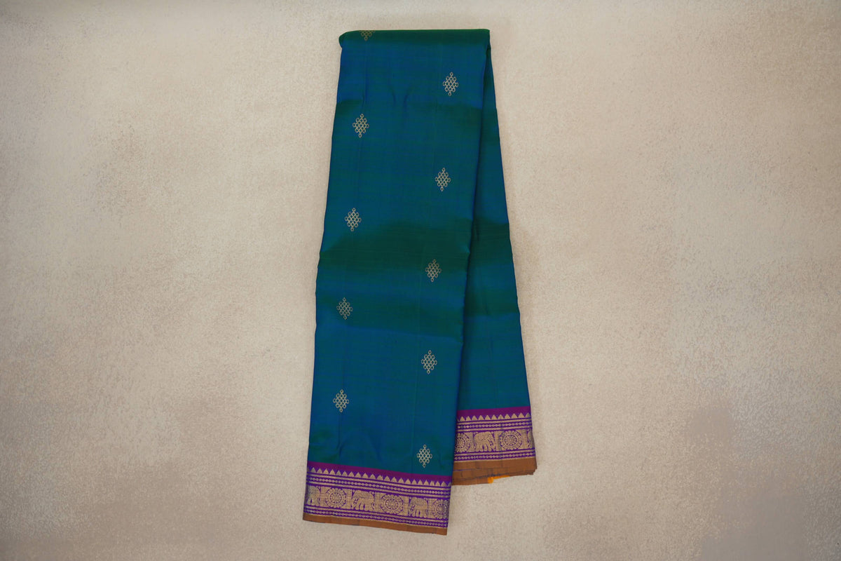 Peacock Blue with Dual Tone of Violet and Rani Pink Borders with Mustard Oil Selvedge Vintage Kanjivaram Silk Saree by Shreenivas Silks PSSR0110513