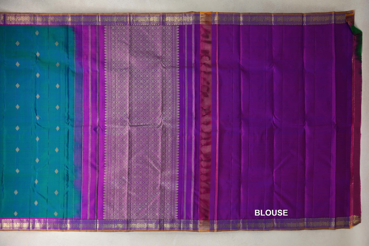 Peacock Blue with Dual Tone of Violet and Rani Pink Borders with Mustard Oil Selvedge Vintage Kanjivaram Silk Saree by Shreenivas Silks PSSR0110513