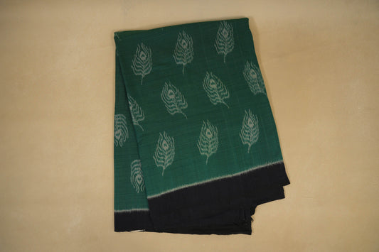 Folded Teal Green with Black Borders Ikat Cotton Saree 