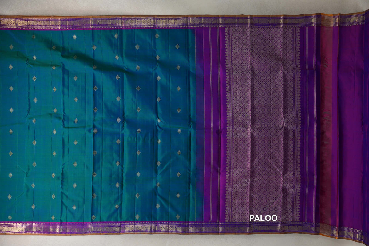 Peacock Blue with Dual Tone of Violet and Rani Pink Borders with Mustard Oil Selvedge Vintage Kanjivaram Silk Saree by Shreenivas Silks PSSR0110513