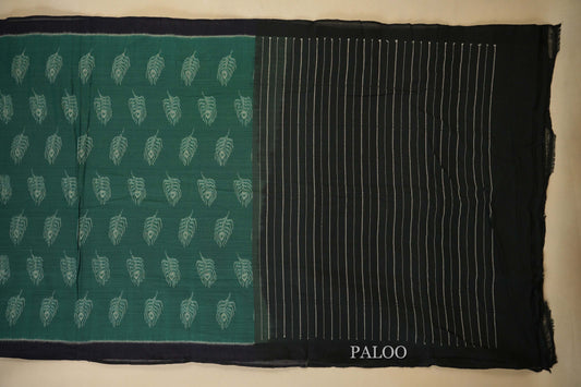 Teal Green with Black Borders Ikat Cotton Saree paloo