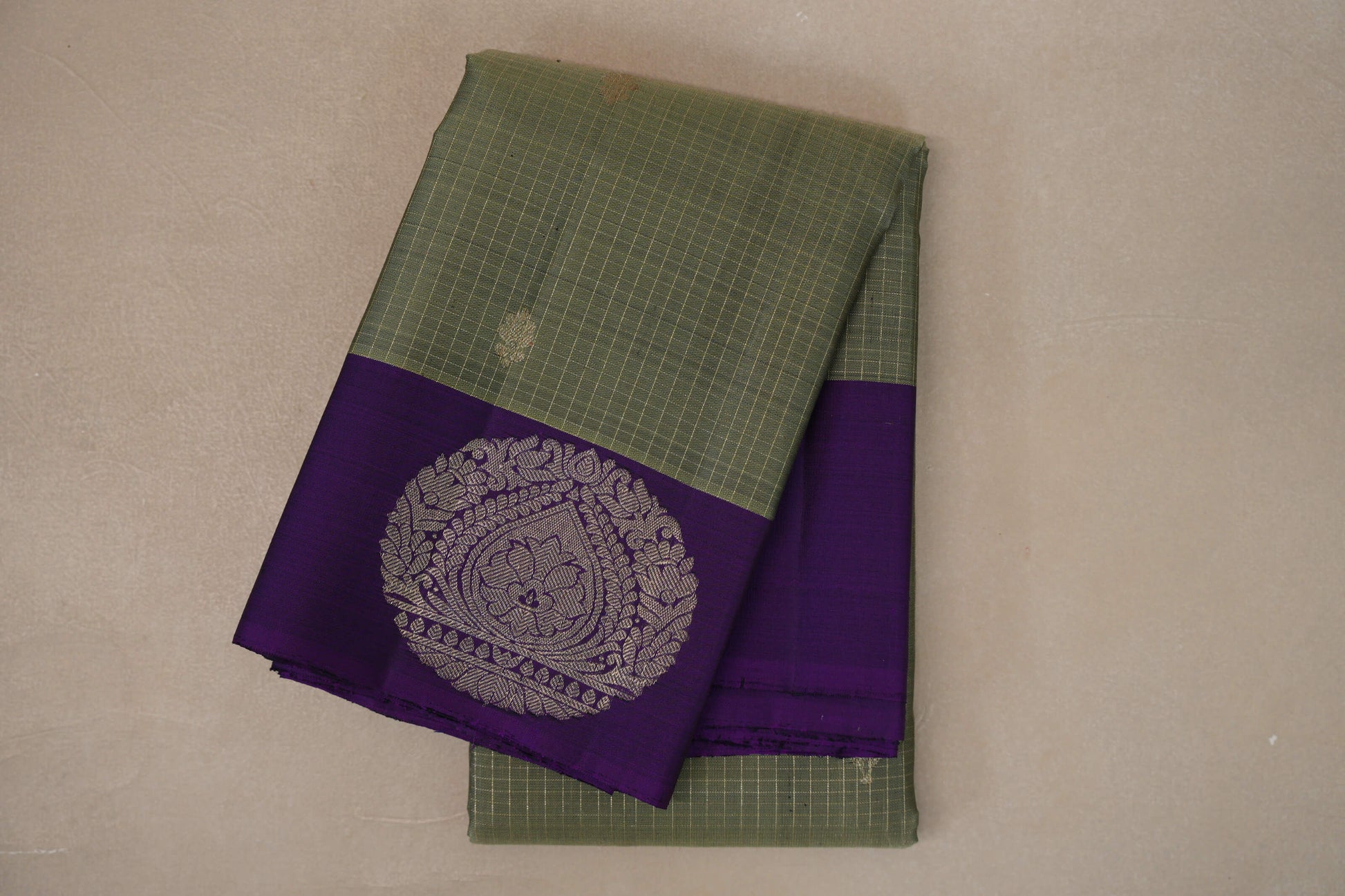 Grey/ Olive Green with Violet Borders Vintage Kanjivaram Silk Saree