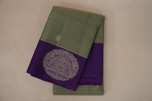 Grey/ Olive Green with Violet Borders Vintage Kanjivaram Silk Saree