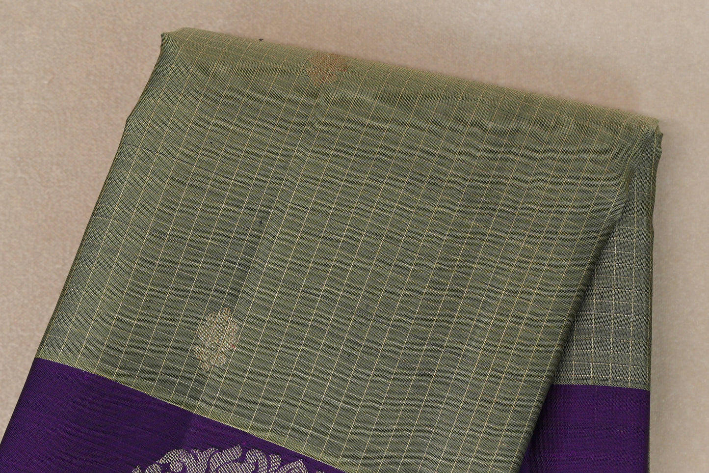 Grey/ Olive Green with Violet Borders Vintage Kanjivaram Silk Saree Zari Checks Body