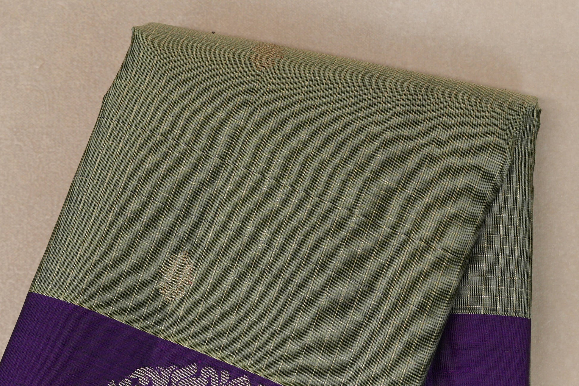 Grey/ Olive Green with Violet Borders Vintage Kanjivaram Silk Saree Zari Checks Body