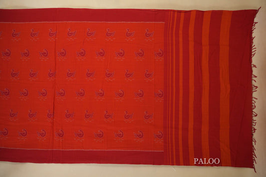 Orange with Red Borders Ikat Cotton Saree paloo