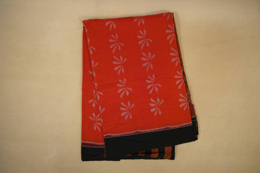 Folded Orange with Black Borders Ikat Cotton Saree