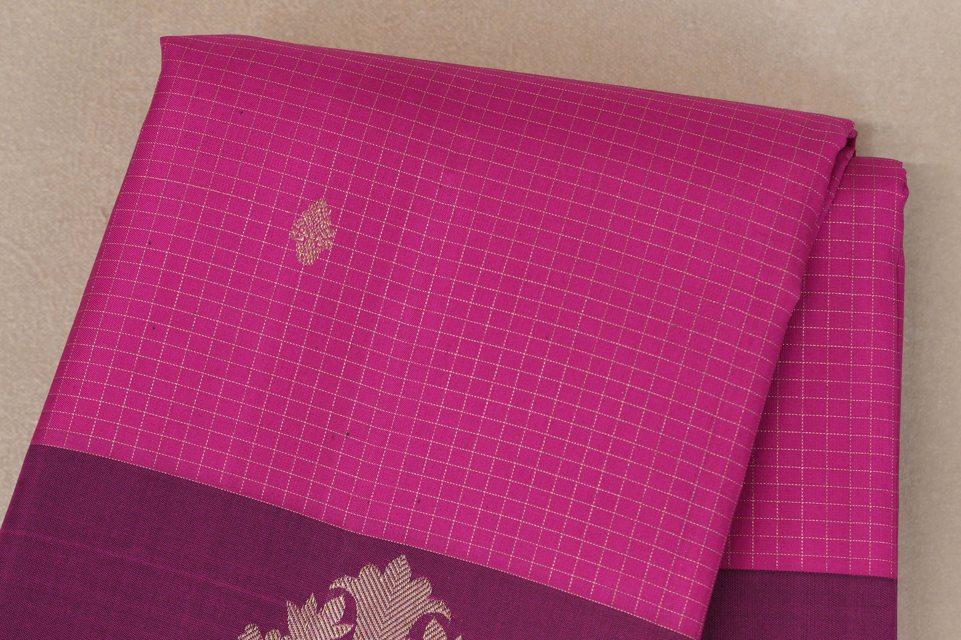 Bright Magenta with Deep Magenta Borders Vintage Kanjivaram Silk Saree Zari Checked Body