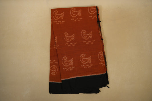 Folded Brick Rust with Black Borders Ikat Cotton Saree