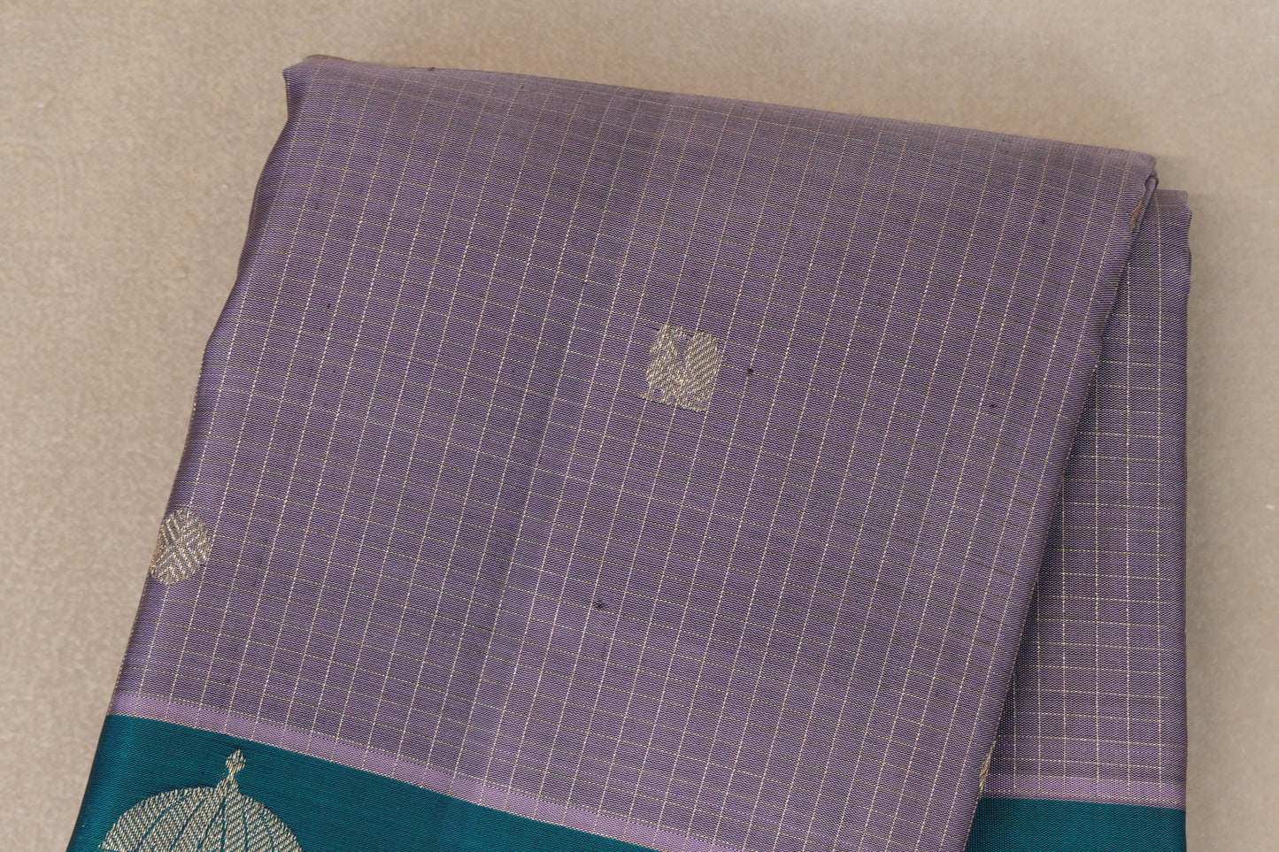 Dusty Lavender with Peacock Green Borders Vintage Kanjivaram Silk Saree Zari Checks Body