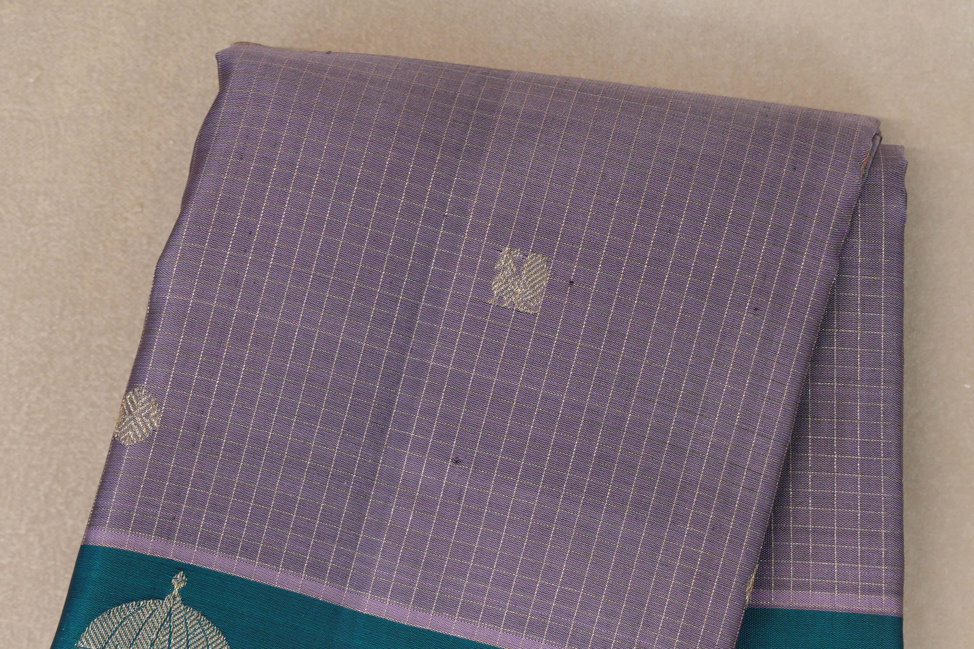 Dusty Lavender with Peacock Green Borders Vintage Kanjivaram Silk Saree Zari Checks Body