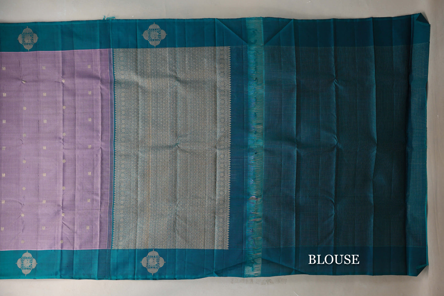 Dusty Lavender with Peacock Green Borders Vintage Kanjivaram Silk Saree blouse