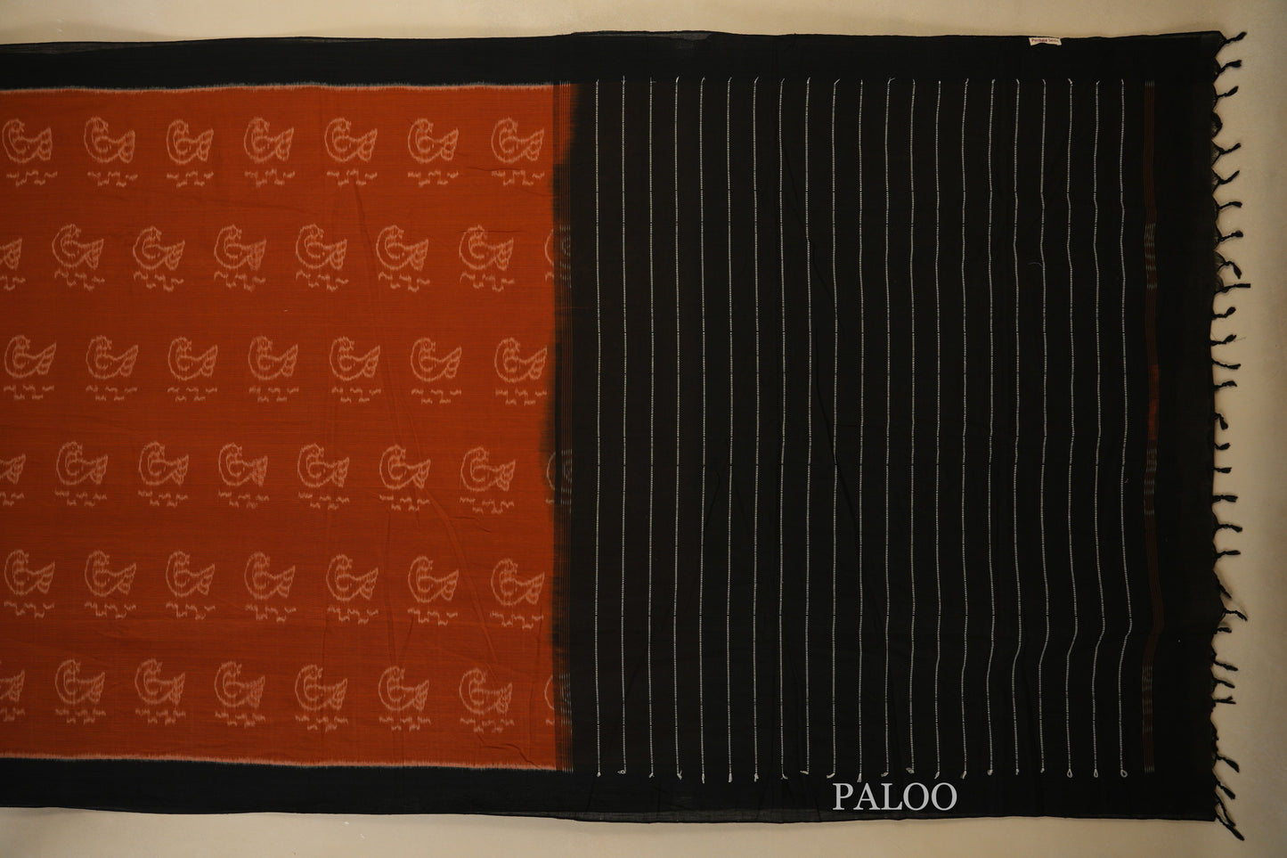 Brick Rust with Black Borders Ikat Cotton Saree Paloo