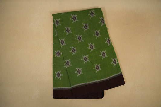 Light Green with Coffee Brown Borders Ikat Cotton Saree