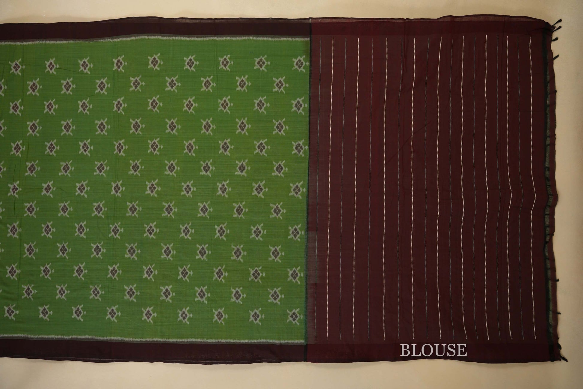 Light Green with Coffee Brown Borders Ikat Cotton Saree Blouse