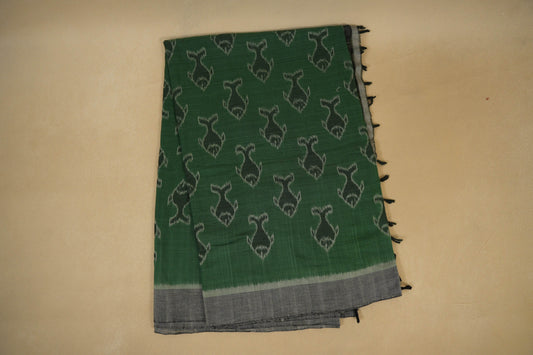 Folded Teal Green with Grey Borders Ikat Cotton Saree