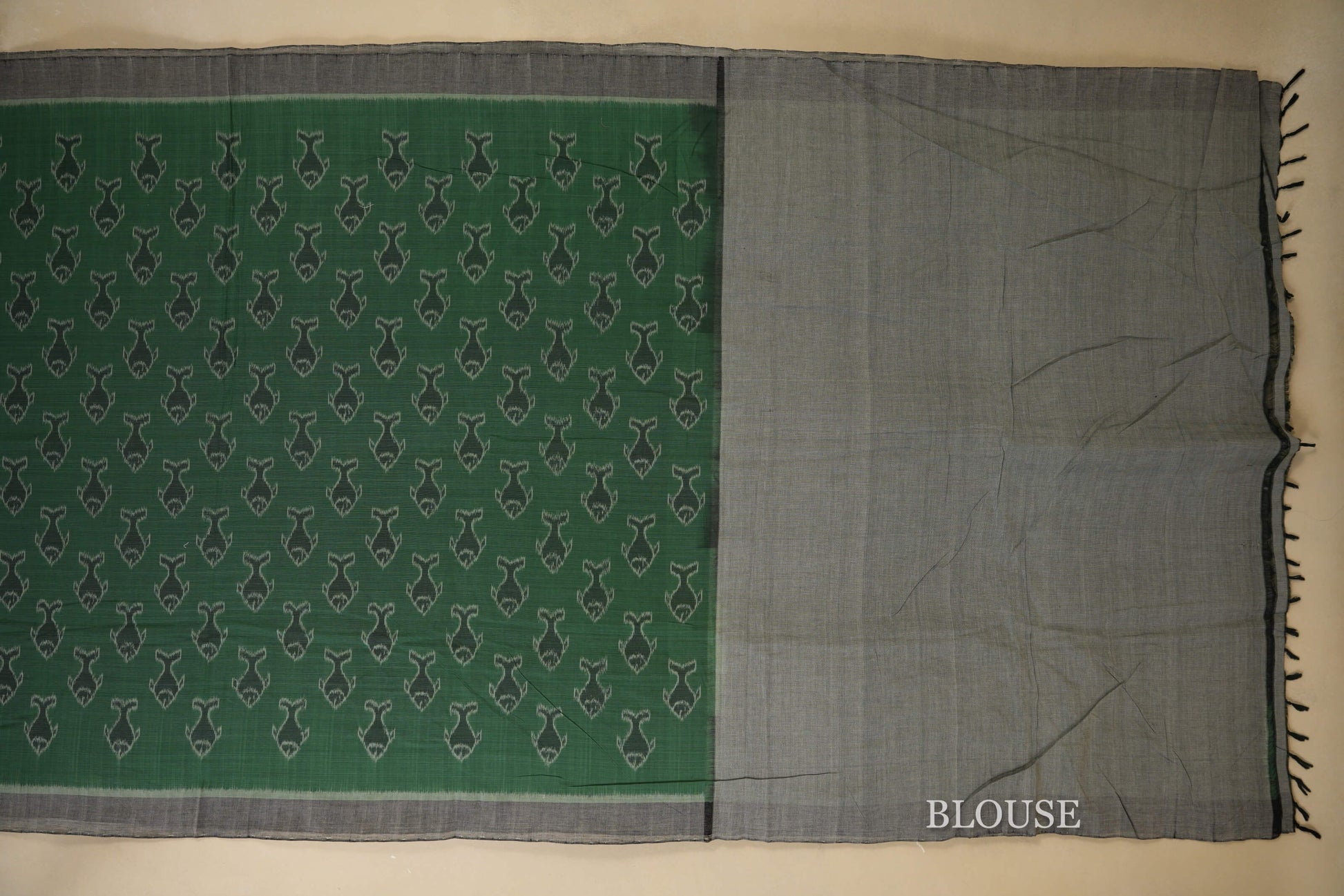Teal Green with Grey Borders Ikat Cotton Saree Blouse