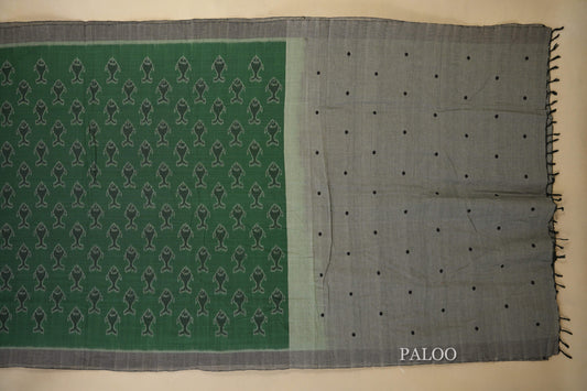 Teal Green with Grey Borders Ikat Cotton Saree paloo