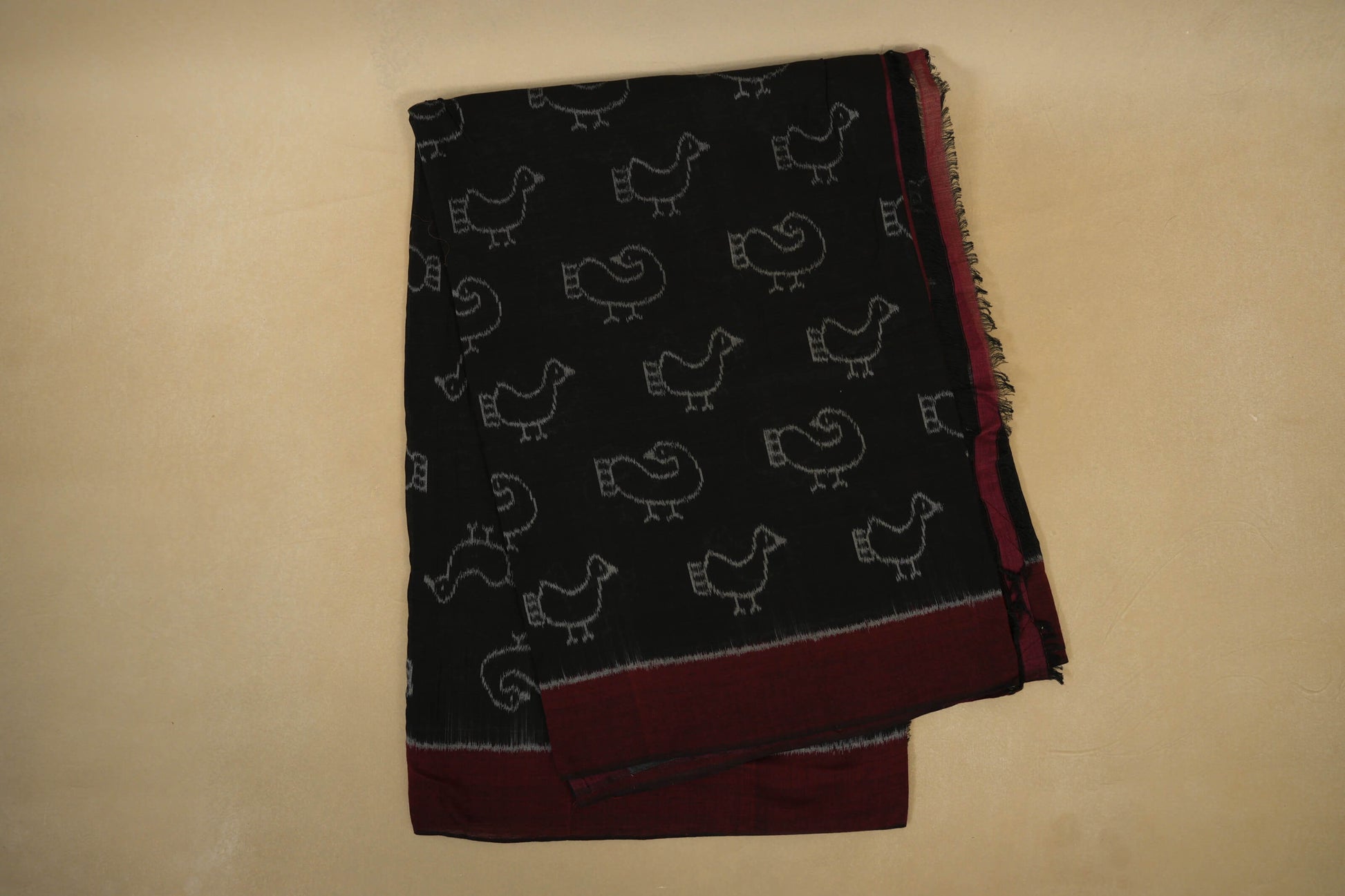 Folded Black with Maroon Borders Ikat Cotton Saree
