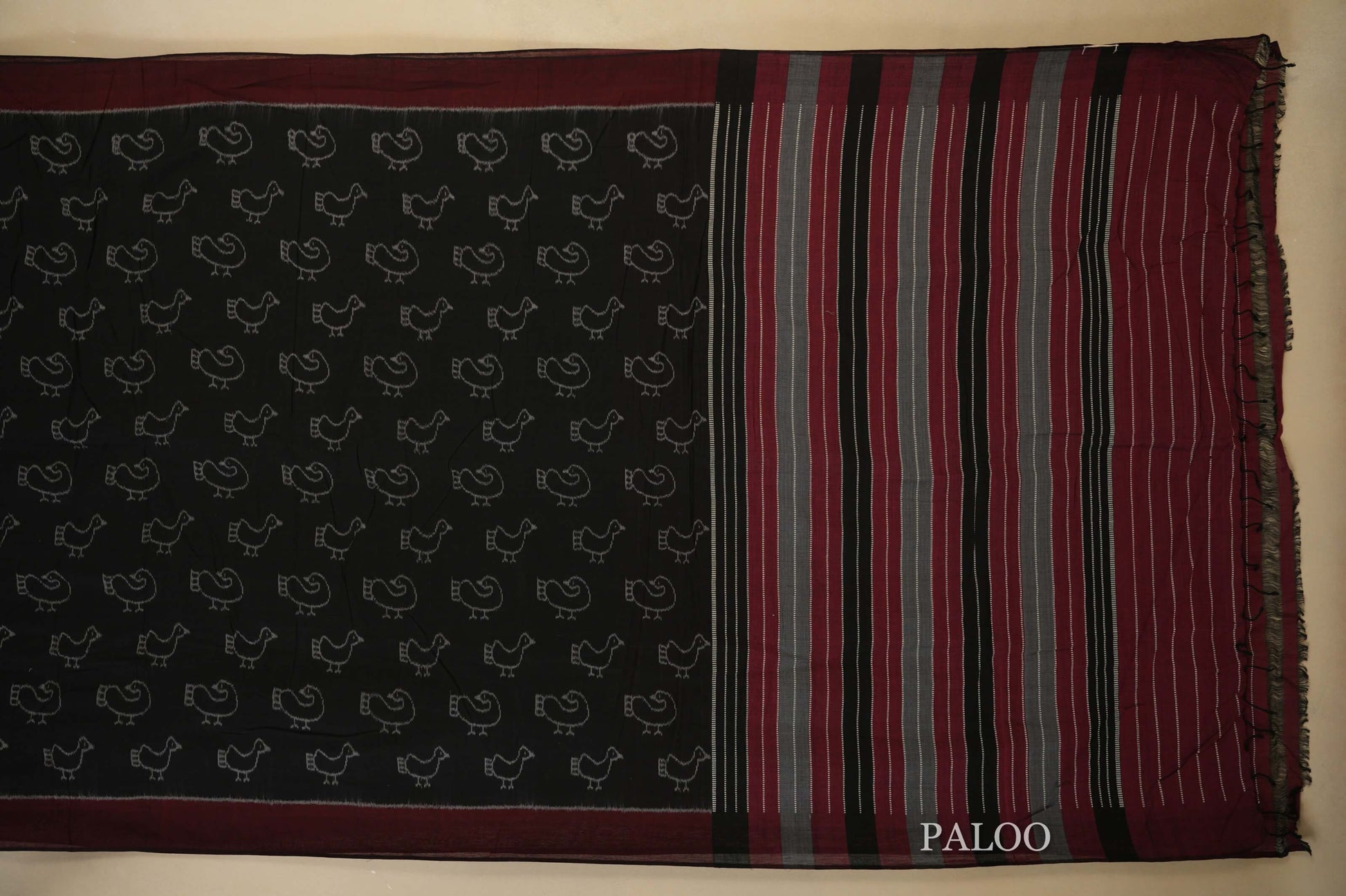 Black with Maroon Borders Ikat Cotton Saree Paloo