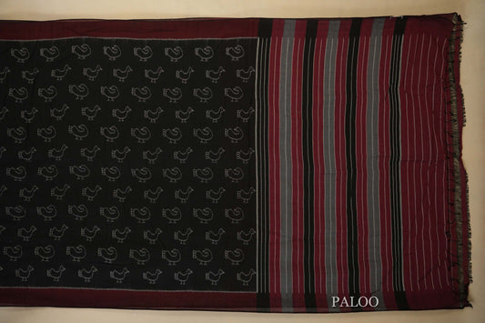 Black with Maroon Borders Ikat Cotton Saree Paloo