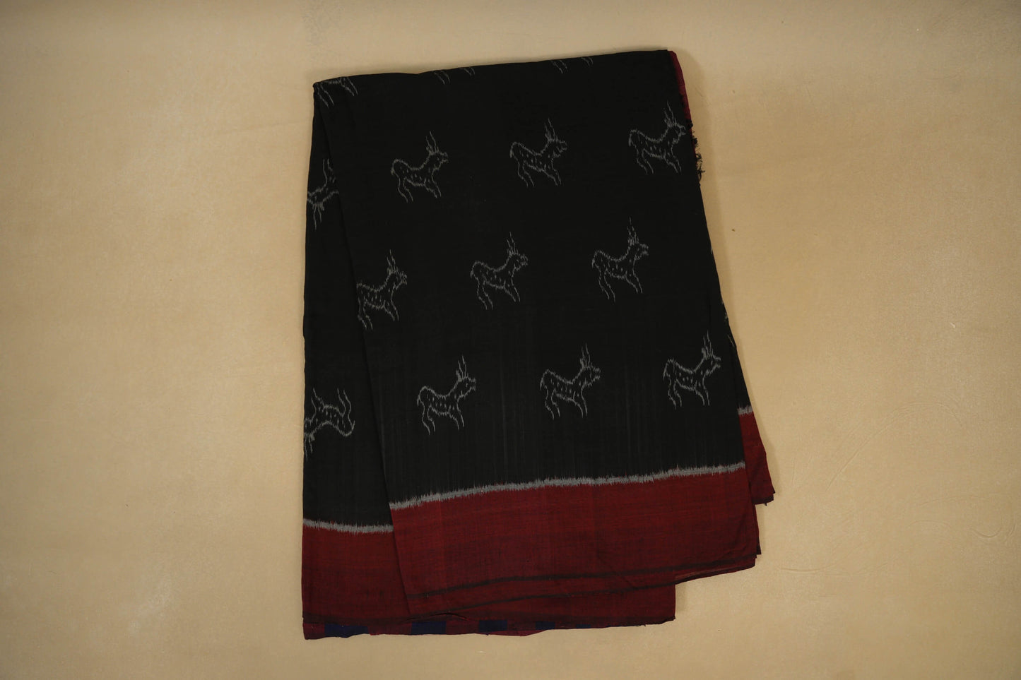 Folded Black with Maroon Borders Ikat Cotton Saree