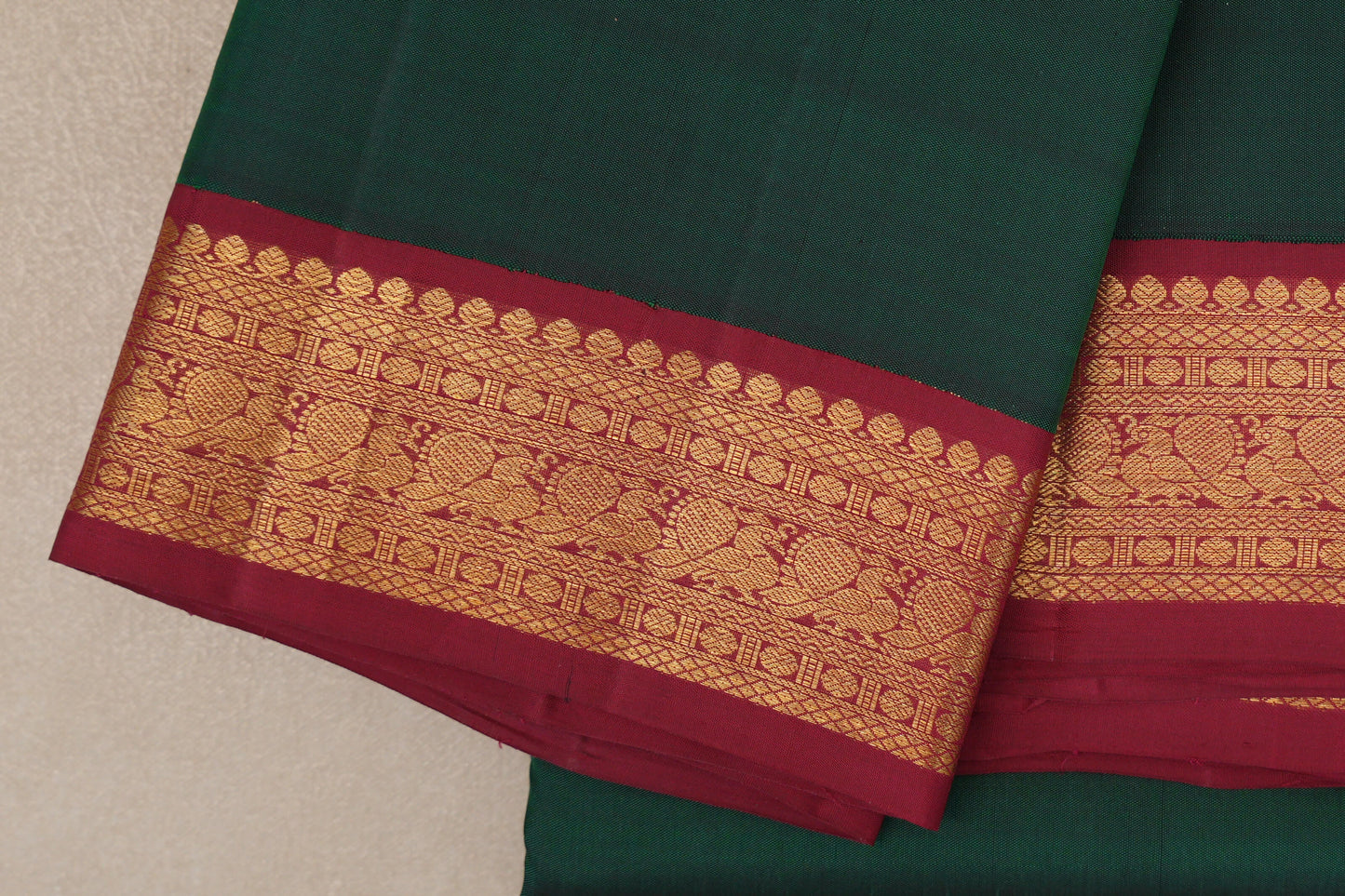 Plain Deep Bottle Green with Reddish Maroon Borders Vintage Kanjivaram Silk Saree by Shreenivas Silks PSSR019417