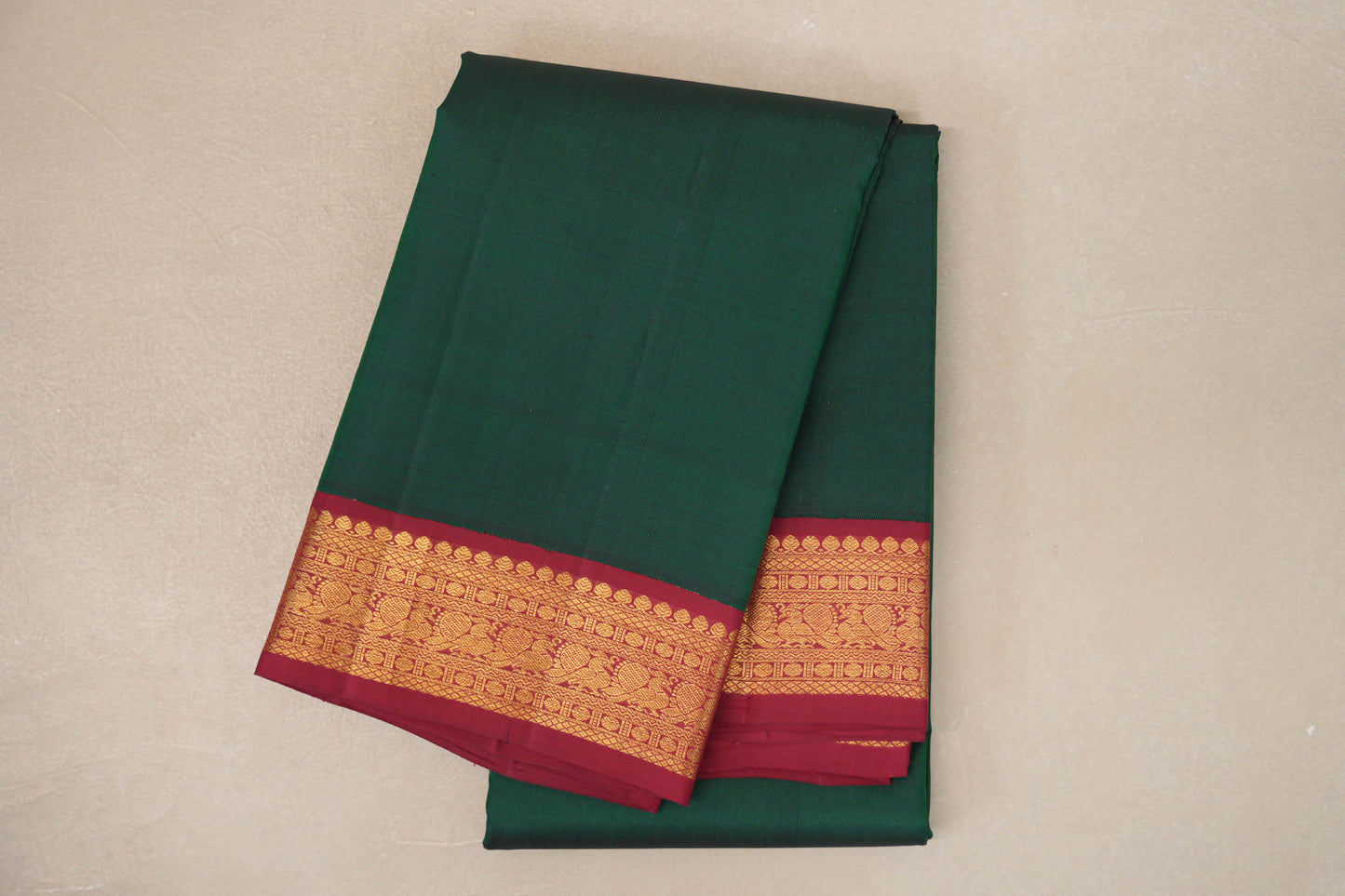 Plain Deep Bottle Green with Reddish Maroon Borders Vintage Kanjivaram Silk Saree by Shreenivas Silks PSSR019417