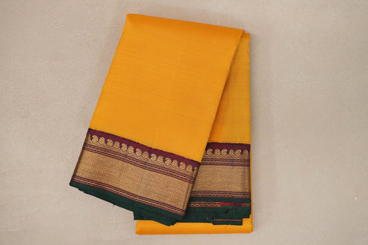 Plain Turmeric Yellow with Reddish Maroon Borders Vintage Kanjivaram Silk Saree