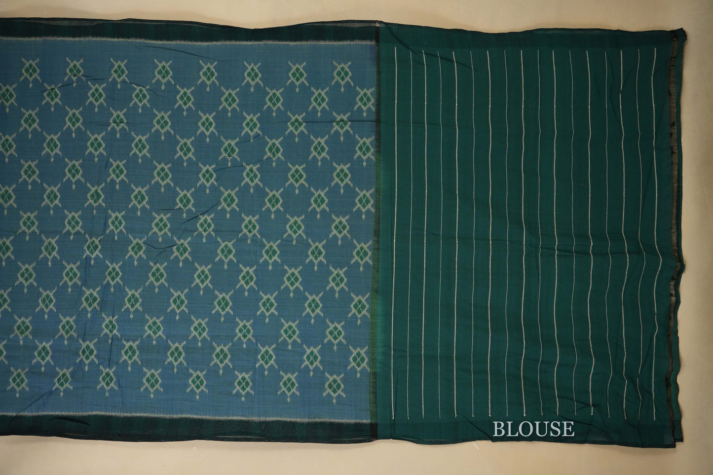 Greenish Blue Dual Tone with Green Borders Ikat Cotton Saree Blouse